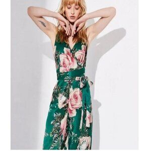 Free People Boho Cabbage Rose Satin Silky Floral Jumpsuit Drapery Green Pink Siz